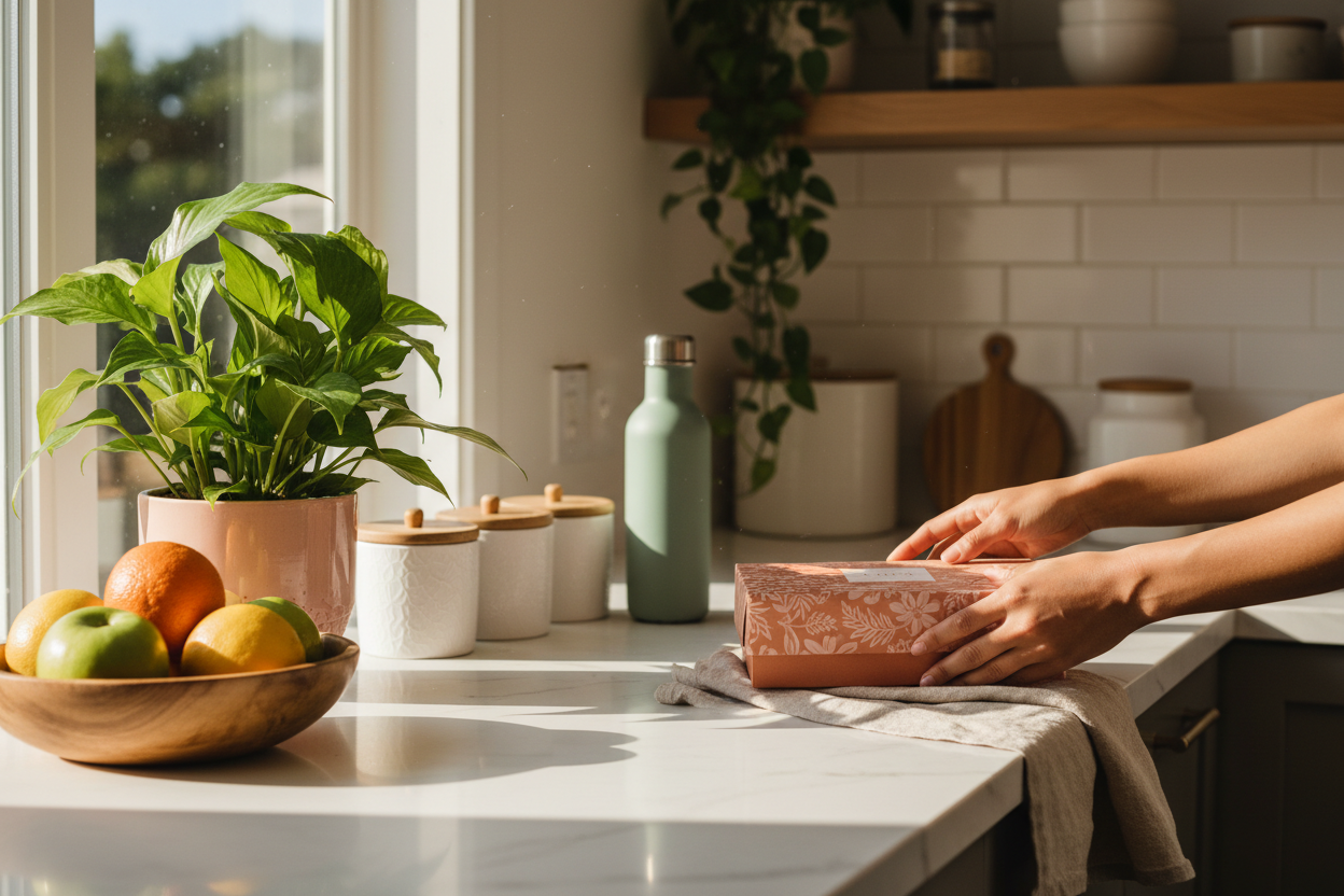 Create a modern, lifestyle-driven hero image for an e-commerce brand named betterThisWay.

The scene should feel warm, human, colorful, and alive, while still clean and professional.

Show a real everyday environment (home entryway, kitchen counter, work desk, or living room corner) where useful, eye-catching products are actively being used or interacted with.

Include subtle human presence — hands picking up a package, placing an item on a table, opening a box, or adjusting a product — but no visible face